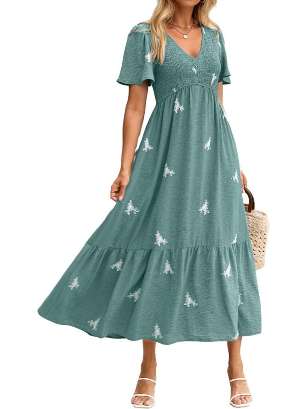 Summer Maxi Dress - Flowy V Neck Flutter Sleeve, Smocked Empire Waist